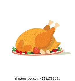Roast Turkey with Garnish on plate for Thanksgiving, Christmas festive dinner party cute vector icon isolated. Traditional holiday season main dish roasted turkey cartoon design element illustration