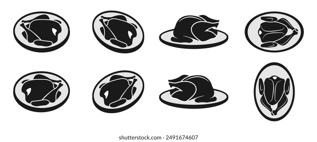 roast turkey or grilled chicken icon set, for banquet and thanksgiving concept. vector illustration isolated on white background.