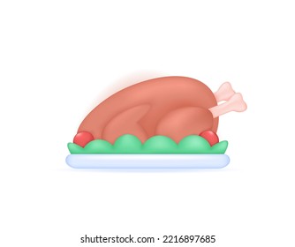 roast turkey. a grilled chicken on a plate with greens and tomatoes. 3d and realistic illustration concept design. thanksgiving graphic element