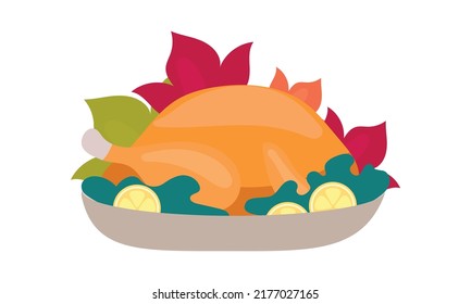 Roast turkey with lemon semi flat color vector object. Full sized item on white. Preparing dish for Thanksgiving dinner. Simple cartoon style illustration for web graphic design and animation