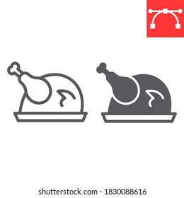 Roast Turkey Line And Glyph Icon, Thanksgiving And Dinner, Roasted Chicken Sign Vector Graphics, Editable Stroke Linear Icon, Eps 10