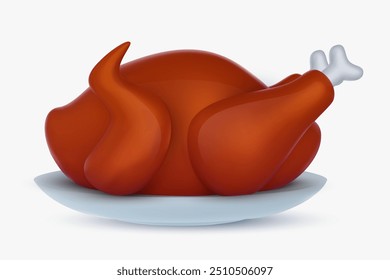 Peru assado no prato em estilo 3d de desenho animado. Alimentos grelhados isolados sobre fundo branco. Ilustração vetorial.