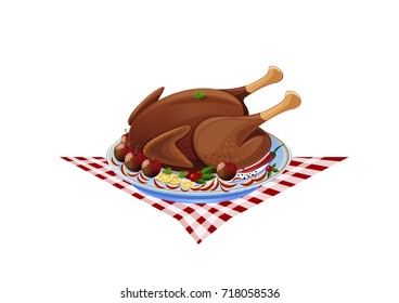 Roast turkey on a plate. Fried chicken with garnish. Vector illustration isolated on white background