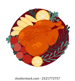 Roast turkey on a platter with vegetables. Top view. Color image. Vector.