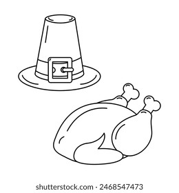 Roast turkey and Pilgrim hat Outline drawing traditional Thanksgiving simbols in minimalistic style