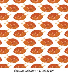 Roast turkey seamless vector pattern. Thanksgiving Christmas celebration dinner food background repeating. For greeting cards, invite, fabric