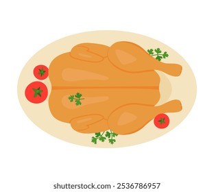 Roast turkey with tomatoes and greens food on plate above decorated. Meat dish for Thanksgiving. Cooked and served poultry meat on platter. Vector cartoon illustration