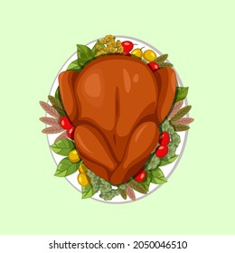 Roast turkey with vegetable banner. Happy Thanksgiving Day concept. Vector flat cartoon illustration