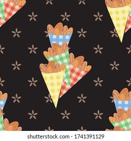 Mandelnüsse geröstet in süßen Gingham Papiertüten Vektor nahtlos Muster Hintergrund. Süßigkeiten aus einer Gruppe in schwarzer Umgebung. Alles über Druck für Essen oder Weihnachten Messe, Bauern Markt Konzept