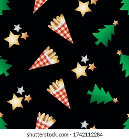 Roasted almond nuts in gingham paper bags vector seamless pattern background. Golden confectionery, festive trees, stars on black backdrop. Design for food or Christmas fair, farmers market concept