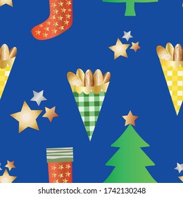 geröstete Mandelnüsse in Gingham-Papiertüten Vektor nahtlos Muster Hintergrund. Goldene Konditorei, festliche Bäume, Stars mit blauem Hintergrund. Design für Saison, Winter, Weihnachtsmesse