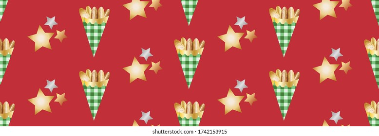 Roasted almond nuts in gingham paper bags vector seamless border. Banner of golden confectionery and stars on red backdrop. For festive ribbon, trim, edging seasonal food or Christmas fair concept