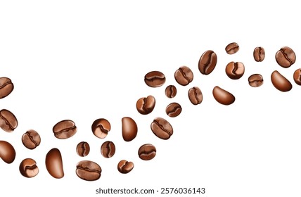 Roasted Arabica and Robusta Coffee Beans wave. Realistic 3d Flying Coffee Grains isolated on white background