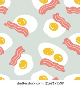 Roasted bacon slices and fried eggs seamless pattern. Food background for any purposes. Hand drawn vector illustration.


