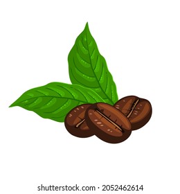 Roasted bean and coffee plant leaf. Vector illustration cartoon flat icon isolated on white background.