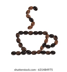 Roasted beans in form of cup with hot coffee on white background realistic vector illustration