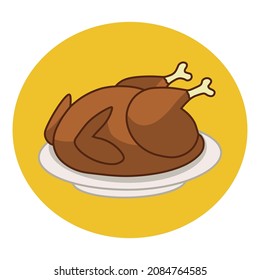 Roasted bird on a platter. Fried poultry sign. Food for gala dinner. Vector illustration in cartoon style isolated on white background