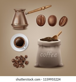 Roasted black brown  coffee beans bean and accessories included burlap bag and turkish cezve pot turk white cup vector realistic set isolated on background