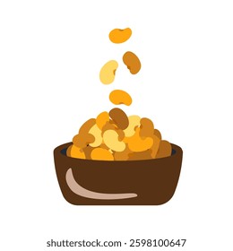 Roasted broad beans snack falling in bowl icon, fried vicia faba, spicy legume, crispy big beans chips for salads or meals top view, vector illustration