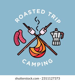 roasted camping trip poster colored line design vector illustration. bonfire,barbecue sausage,marshmallow and drip coffee