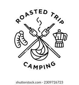 roasted camping trip poster design vintage monoline vector illustration. bonfire,barbecue sausage,marshmallow and drip coffee