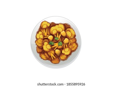 Roasted cauliflower with pine nuts and fresh parsley vector illustration isolated on white background