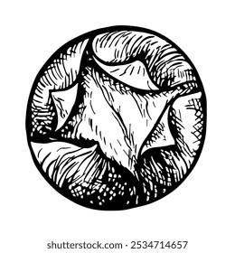 Castanha torrada. Gráficos vetoriais que representam o fruto de um castanheiro torrado. Uma ilustração a preto e branco desenhada à mão. Em um fundo branco. Ótimo para etiquetas, capas, folhetos e embalagens.