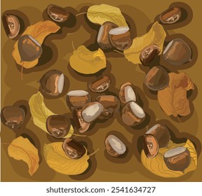 castanhas torradas decoradas por folhas de queda seca delicous alimento ilustração vetor realista sobre fundo marrom