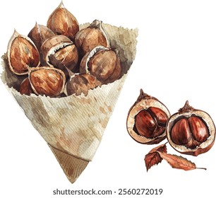 Roasted chestnuts in a paper cornet, hand-drawn realistic watercolor illustration isolated on a white background, vector