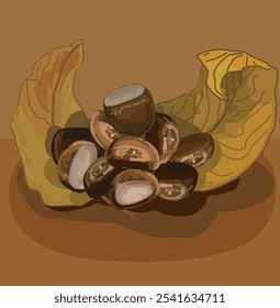 pilha de castanhas assada decorada por queda seca folhas delicous comida ilustração vetor realista sobre fundo marrom