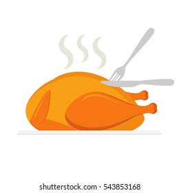 Roasted chicken being cut by knife and fork isolated on white background.