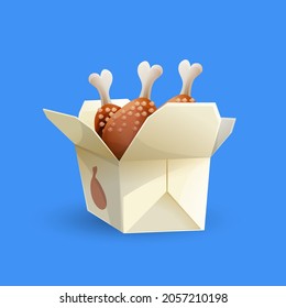 Roasted chicken. Chick meat prepared at grill in box. Vector illustration