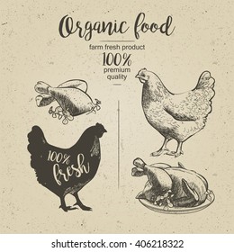 Roasted Chicken. Design for farming industry, original packaging and other types of bio product business. Engraved Chicken. Vector illustration in vintage style