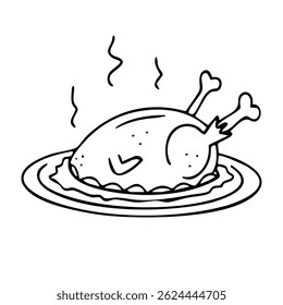 Roasted chicken doodle, served dish drawing and decorative design element for restaurant menus, advertises, websites. Vector illustration.