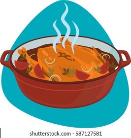 Roasted chicken in the dutch oven. Isolated. On blue background.