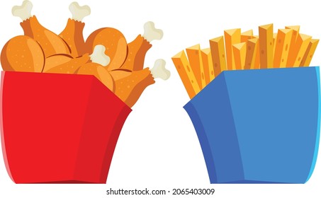Roasted chicken french fries vector art and illustration