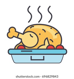 Roasted chicken, fried hen, party food concept. Line vector icon. Editable stroke. Flat linear illustration isolated on white background