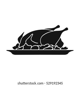 Frango assado com ícone de enfeite em estilo preto isolado no fundo branco. Símbolo de restaurante ilustração de vetor de estoque.
