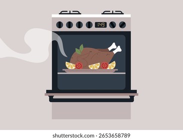 Roasted chicken garnished with herbs and fresh vegetables bakes in a warm oven, filling the kitchen with comforting aromas during a sunny afternoon, promising a delightful meal ahead