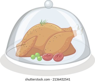 Roasted Chicken and glass cover white background illustration