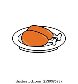 Roasted chicken icon on the plate. Thanksgiving day and cooking theme. Isolated design. Delicious fried chicken thigh, drumstick chicken. Food illustration element design