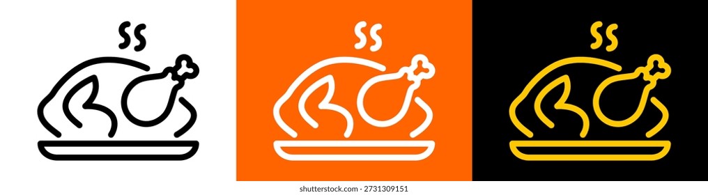 Contorno de ícone de frango assado. Prato de aves cozido no prato em estilo de linha vetorial limpo para menu de restaurante, entrega de alimentos, marca e embalagem. Isolado editável.