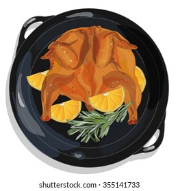 roasted chicken isolated on frying pan