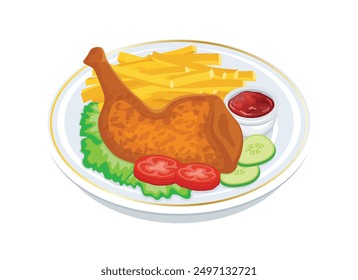 Roasted chicken leg with fries and vegetable garnish vector illustration. Baked chicken leg on a plate icon isolated on a white background. Fried chicken with french fries and tomato sauce drawing