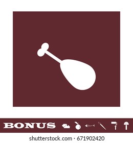 Roasted chicken leg icon flat. White pictogram on brown background. Vector illustration symbol and bonus icons