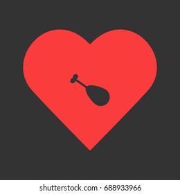 Roasted chicken leg icon flat. Simple pictogram on heart background. Vector illustration symbol