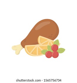 roasted chicken leg lemon and cherries vector illustration