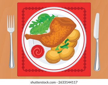 Roasted chicken leg and potatoes on a plate top view vector illustration. Baked chicken leg and tomato sauce on a wooden table above view vector. Fried turkey leg on the table drawing