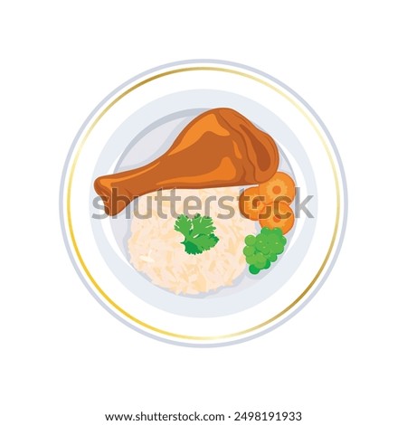 Roasted chicken leg and rice on a plate top view vector illustration. Baked chicken leg, rice and vegetable garnish view from above icon isolated on a white background