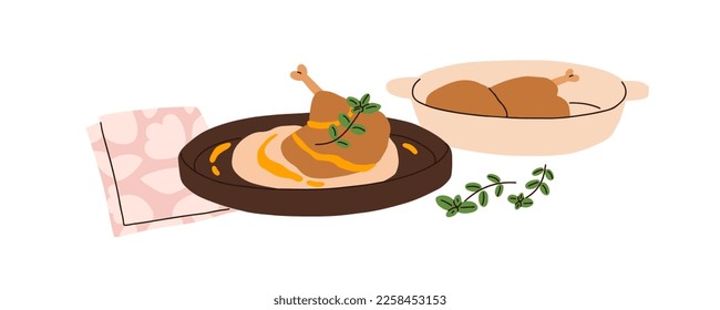 Roasted chicken leg served on plate. Festive turkey, quail, meat dish. Holiday dinner, cooked food, meal garnished with gravy, seasoning. Flat vector illustration isolated on white background.